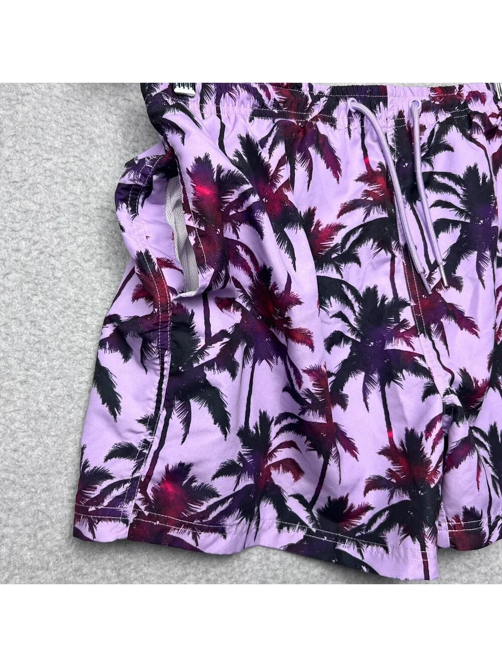 Primark Mens Purple Palm Tree Swim Trunks Board Shorts XL Beach Y2K Surf Vaca
